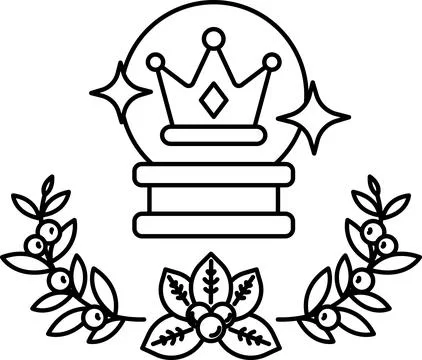 A black and white drawing of a crown and a crystal ball Stock Illustration