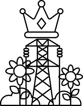 A black and white drawing of a crown with a flower in the foreground Stock Illustration