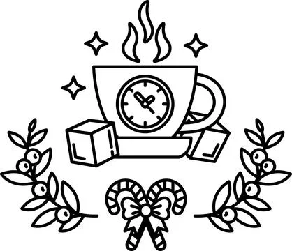 A black and white drawing of a cup with a clock on it Stock Illustration