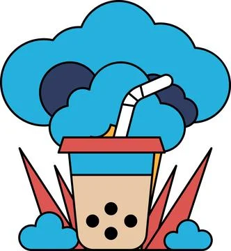 A black and white drawing of a cup of tea with a straw in it Stock Illustration