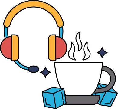 A black and white drawing of a cup of coffee with a pair of headphones on t.. Ilustração Stock