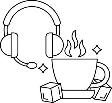 A black and white drawing of a cup of coffee with a pair of headphones on t.. Ilustração Stock