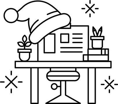 A black and white drawing of a desk with a hat on top of it Stock Illustration