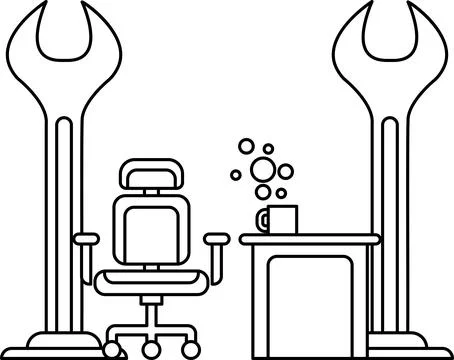 A black and white drawing of a desk with a chair and a cup of coffee Stock Illustration