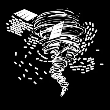 Black and white drawing of a destructive tornado that draws the ruined brick Stock Illustration