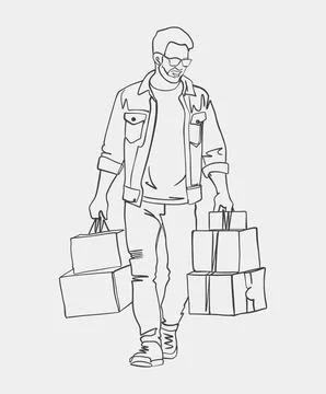 A black and white drawing of a determined man carrying purchases Stock Illustration
