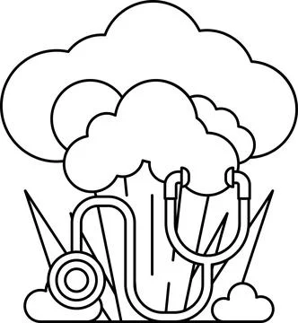 A black and white drawing of a doctor's stethoscope and a cloud Stock Illustration