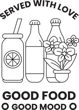 A black and white drawing of a drink, a bottle, and a plant Stockillustratie
