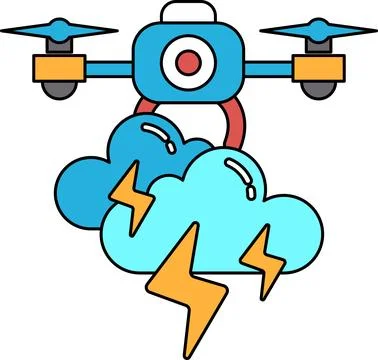 A black and white drawing of a drone flying through a stormy sky イラスト素材