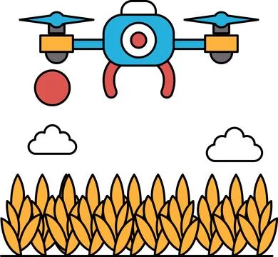 A black and white drawing of a drone flying over a field of corn Ilustração Stock