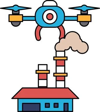 A black and white drawing of a drone flying over a factory Ilustração Stock