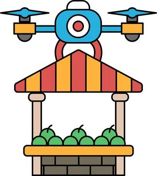 A black and white drawing of a drone flying over a fruit stand Ilustração Stock