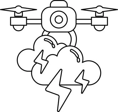 A black and white drawing of a drone flying through a stormy sky イラスト素材