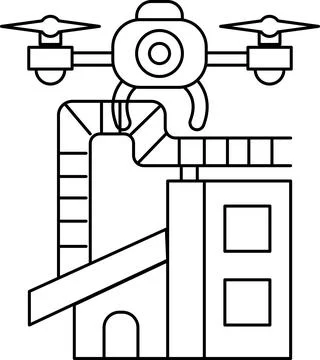 A black and white drawing of a drone flying over a building Ilustración de archivo