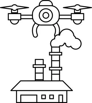 A black and white drawing of a drone flying over a factory Ilustração Stock