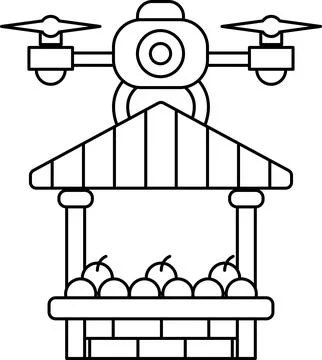 A black and white drawing of a drone flying over a fruit stand Ilustração Stock
