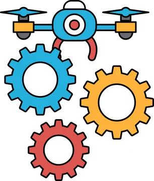 A black and white drawing of a drone with a gear on top of it Stock Illustration