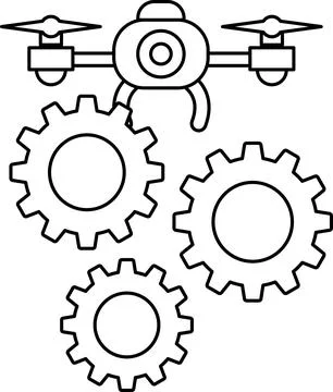 A black and white drawing of a drone with a gear on top of it Stock Illustration