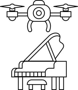 A black and white drawing of a drone and a piano Stockillustratie