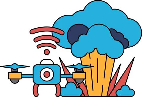 A black and white drawing of a drone flying over a cloud of smoke Stock Illustration