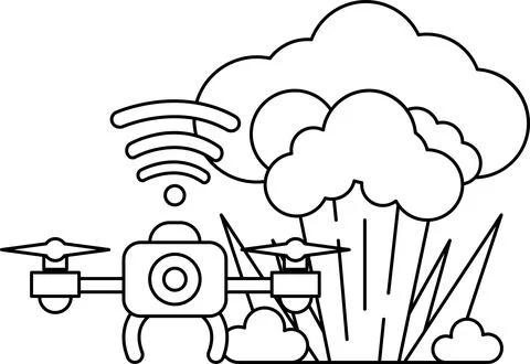 A black and white drawing of a drone flying over a cloud of smoke イラスト素材