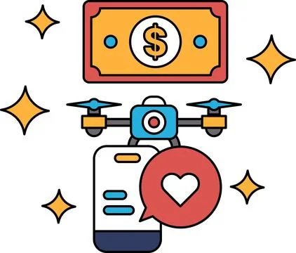A black and white drawing of a drone with a cell phone and a dollar bill Stock Illustration
