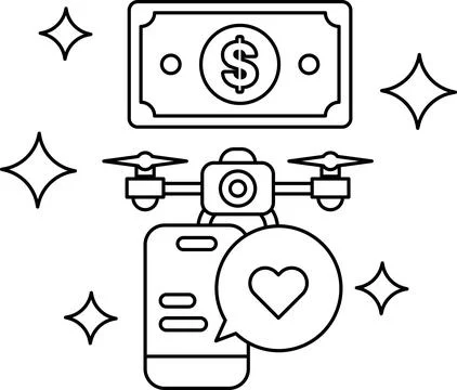 A black and white drawing of a drone with a cell phone and a dollar bill Stock Illustration