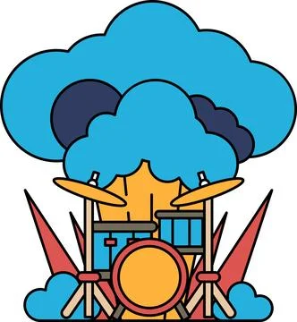 A black and white drawing of a drum set with a cloud in the background Stock Illustration