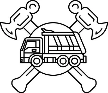 A black and white drawing of a dump truck with a hammer Stock Illustration