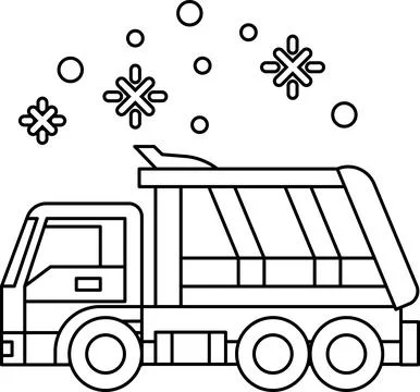 A black and white drawing of a dump truck with a snowstorm in the background Stock Illustration