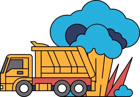 A black and white drawing of a dump truck with smoke coming out of it Illustrazione stock