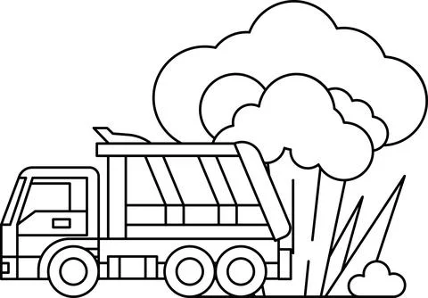 A black and white drawing of a dump truck with smoke coming out of it Stock Illustration