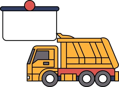 A black and white drawing of a dump truck with a sign on top of it Stock Illustration