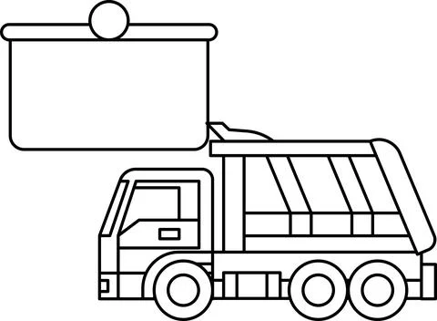 A black and white drawing of a dump truck with a sign on top of it Stock Illustration