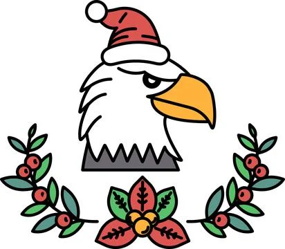 A black and white drawing of an eagle with a hat on its head Stock Illustration