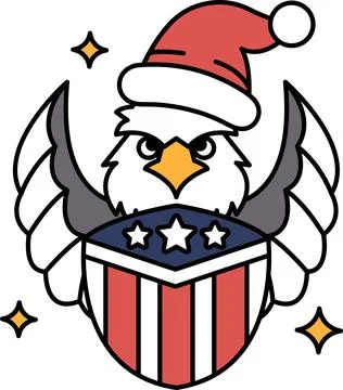 A black and white drawing of an eagle wearing a Santa hat and a star of David Stock Illustration