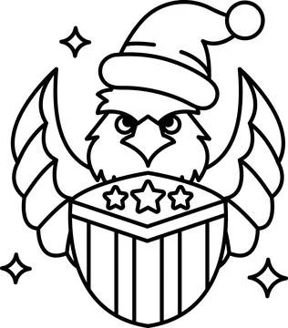 A black and white drawing of an eagle wearing a Santa hat and a star of David Illustrazione stock