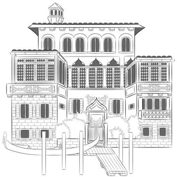 Black and white drawing of the facade of a house over a canal in Venice. Stock Illustration