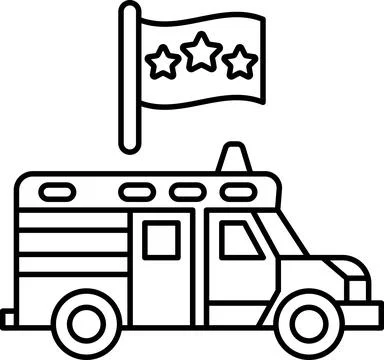 A black and white drawing of a fire truck with a flag on top Stockillustratie