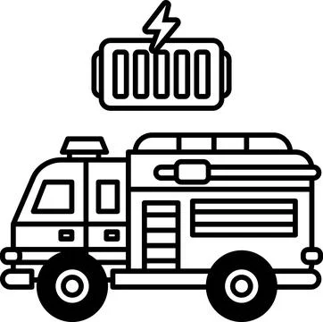 A black and white drawing of a fire truck with a battery on the side Stockillustratie