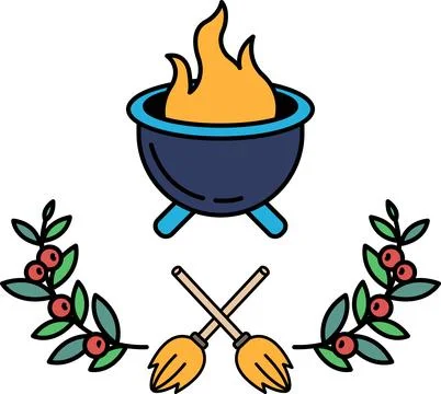 A black and white drawing of a fire pit with a wreath of leaves surrounding i Stock Illustration