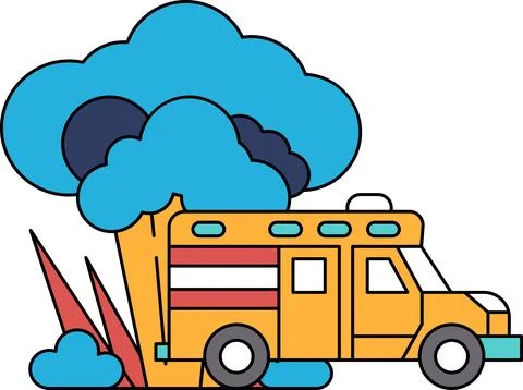 A black and white drawing of a fire truck with a cloud in the background Stock Illustration