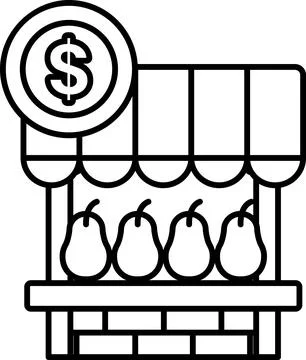 A black and white drawing of a fruit stand with a dollar sign on it Stock Illustration