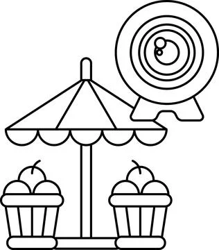 A black and white drawing of a fruit stand with a large umbrella and a camera Stock Illustration