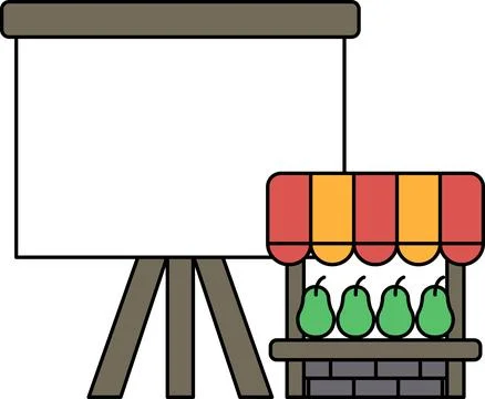 A black and white drawing of a fruit stand with a sign that says "Fresh Fruit Stock Illustration
