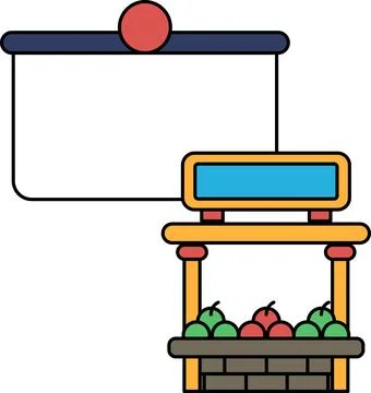 A black and white drawing of a fruit stand with a sign that says "Fresh Fruit Stock Illustration
