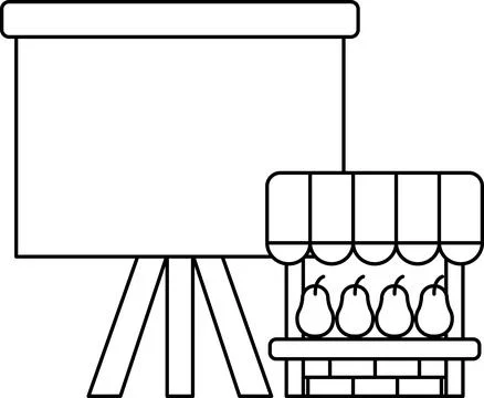 A black and white drawing of a fruit stand with a sign that says "Fresh Fruit Stock Illustration