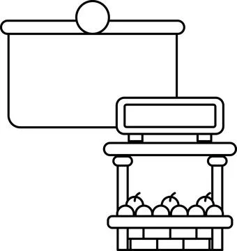 A black and white drawing of a fruit stand with a sign that says "Fresh Fruit Stock Illustration