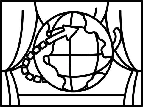 A black and white drawing of a globe with a chain around it Stock Illustration
