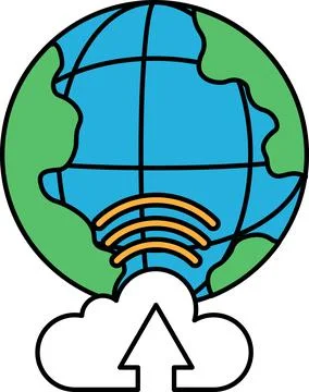 A black and white drawing of a globe with a cloud and an arrow pointing upwar Stock Illustration